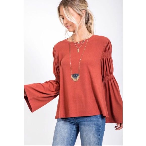 Rust ruffle long sleeves top - Picture 1 of 3
